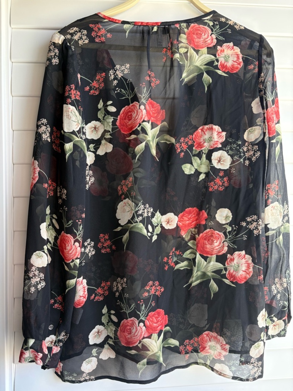 Joie Silk Black Sheer Floral V-Neck Skirt with Red and Cream Blooms - Picture 3 of 11